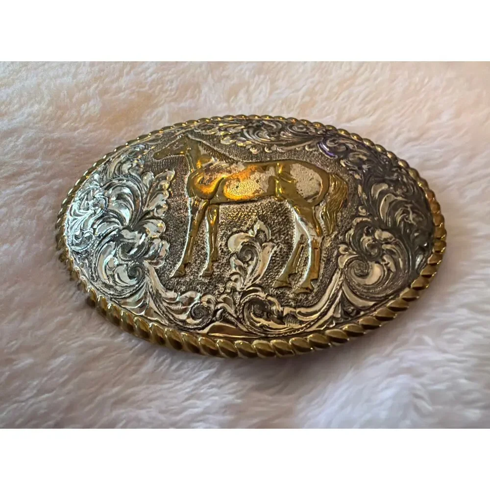 Vintage Crumrine Mfg USA Deer Western Belt Buckle Gold Silver Tone Oval Buck